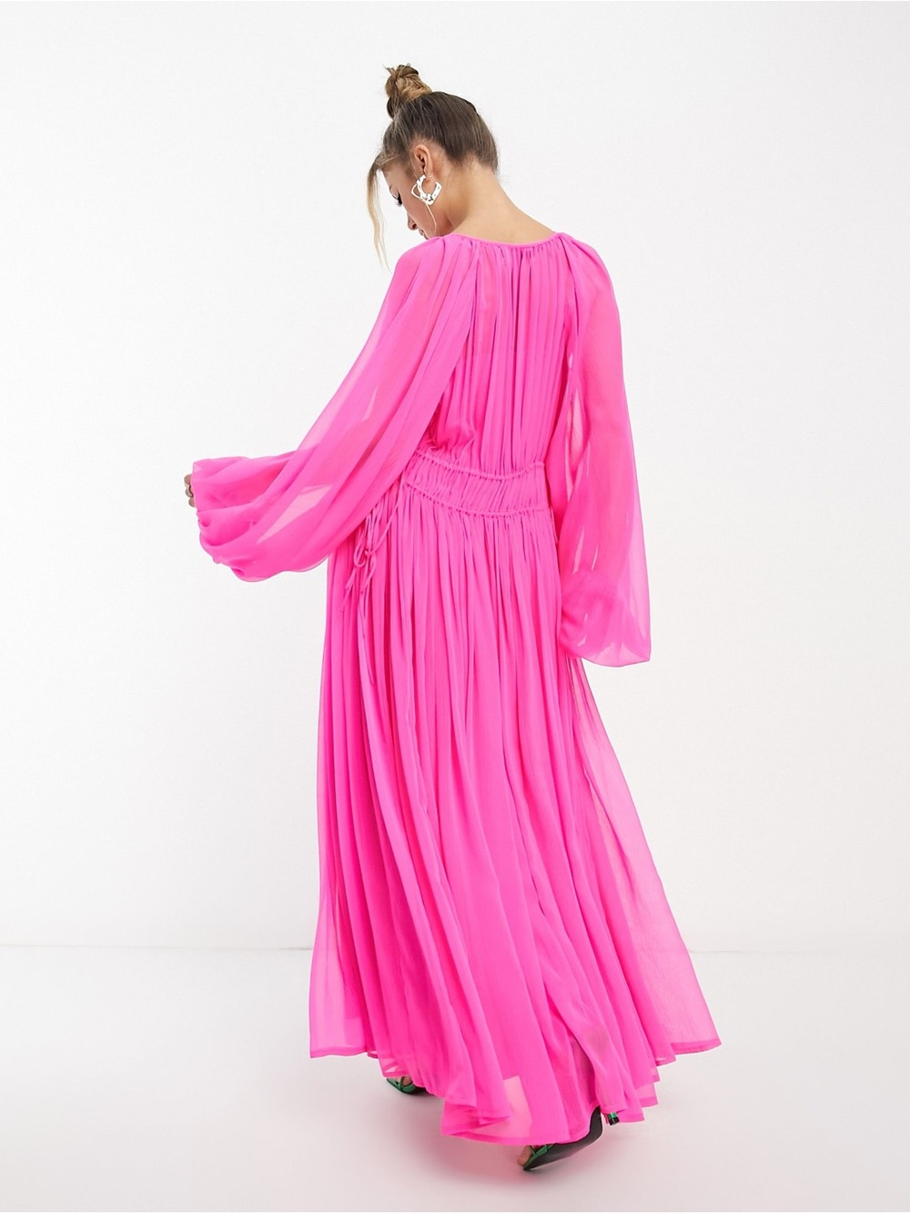 ASOS Edition Ruched Gathered Waist Chiffon Maxi Dress Hot Pink Size US 6 NWT